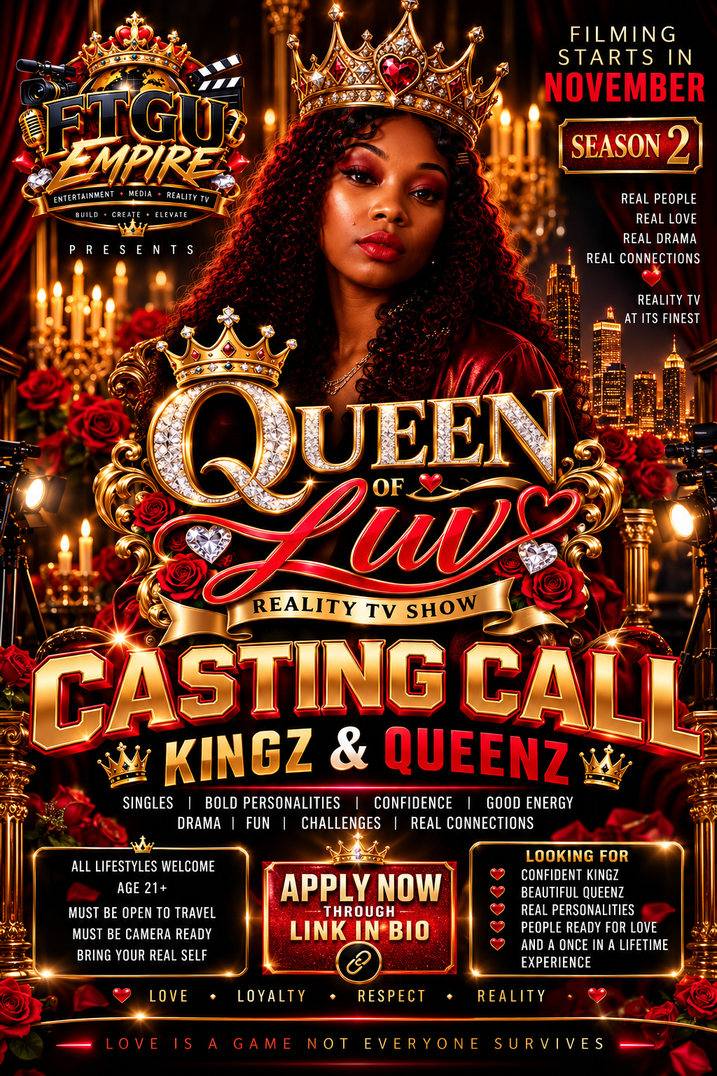 Queen of Luv Season 2 casting call flyer — Kingz and Queenz wanted, filming starts in November. Singles, bold personalities, confidence, good energy. All lifestyles welcome, 21 and up.