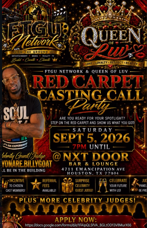 FTGU Network and Queen of Luv Red Carpet Casting Call Party flyer for September 5 at NXT Door Bar and Lounge in Houston